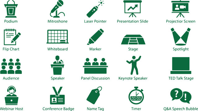 Presentation and conference icons for public speaking events and business meetings.