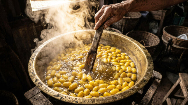 Close up of artisan hand stirring silkworm cocoons in boiling pot with steam in traditional workshop
