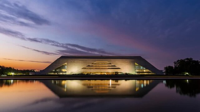 Modern parliament building reflected in lake water at sunset with cloud time-lapse motion