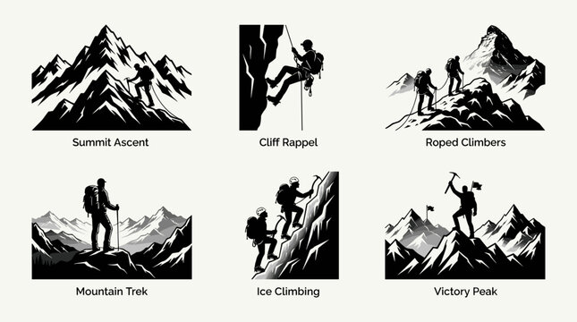 Mountaineering climbing vector icon set with summit rappel and ice climbing illustrations