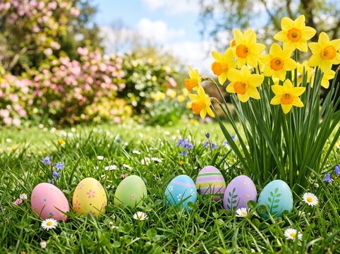 Colorful easter eggs and yellow daffodils arranged on a lush green spring lawn