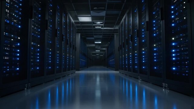 Futuristic Data Center Corridor with Rows of Servers and Blue LED Lights