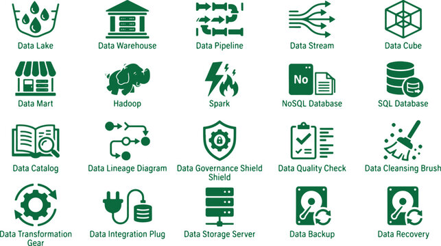 Data management icons in green, illustrating data storage, processing, and analysis concepts.