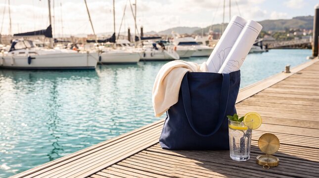Sailing Vacation Lifestyle with Bag and Compass at Luxury Marina Dock