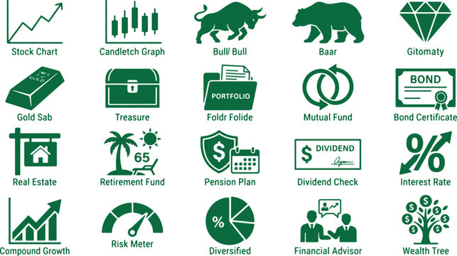 Financial business icons showing stock market growth, investment, and wealth management for economic planning.