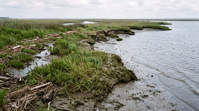 A vegetated coastal buffer stabilizes sediment and protects marsh habitat, illustrating shoreline restoration, erosion prevention, and climate adaptation for planning and sustainability content.