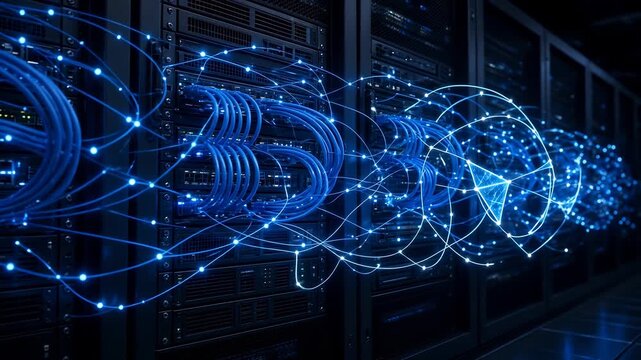 Futuristic Data Center with Glowing Blue Network Cables and Server Racks in Dark Environment