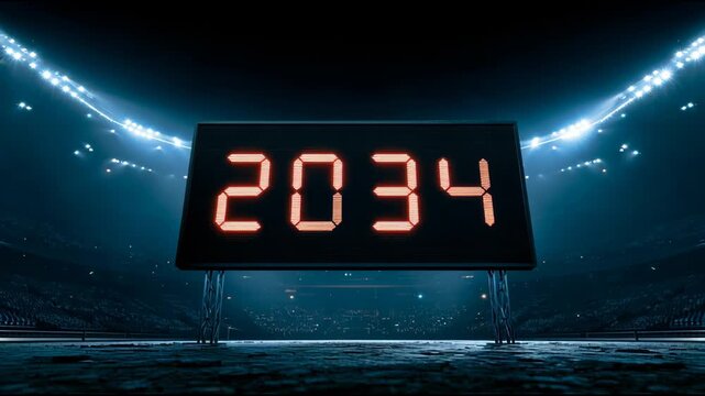 The clock displays the countdown from 2034 in a stadium setting. Bright lights illuminate the space as fans await the game to begin.
