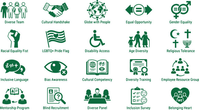 Diversity and inclusion icons in green depicting diverse team handshake age gender and religious tolerance.