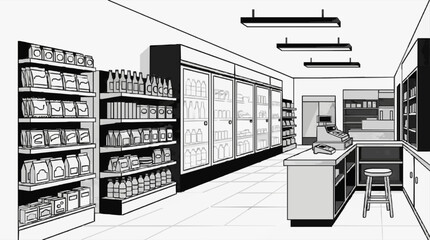Obraz premium Elegant Convenience Store Interior with Shelves and Checkout Counter