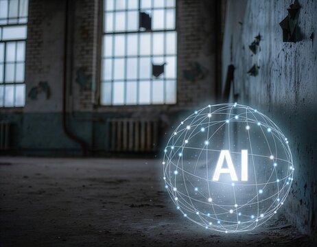 Glowing AI Network Sphere Standing Alone in a Derelict Factory Lit by Fading Daylight, Symbolizing the Dying Era of Unchecked Artificial Intelligence