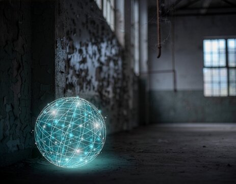 Glowing AI Sphere Left Behind in a Crumbling Factory Interior, Symbolizing the Obsolescence of Artificial Intelligence Under Regulatory Pressure