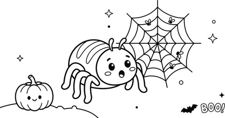 Fototapeta premium Cute Spider and Pumpkin Halloween Vector Illustration with Cobweb and Boo Text for Holiday Greeting Card Design