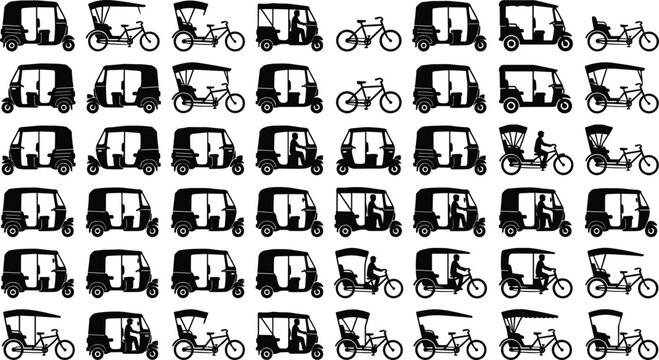 Auto rickshaw and cycle rickshaw silhouette icons vector mega set featuring traditional south Asian tuk tuk public transit vehicles
