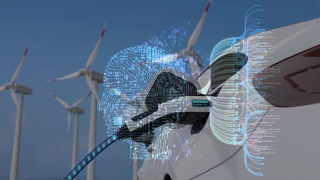 Electric vehicle charging plug connected to a car with digital AI brain circuit overlay and wind turbines spinning in background, symbolizing smart green energy technology.