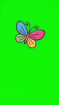 Colorful cartoon butterfly flying on bright green screen background, animated blue pink yellow and orange insect for chroma key compositing
