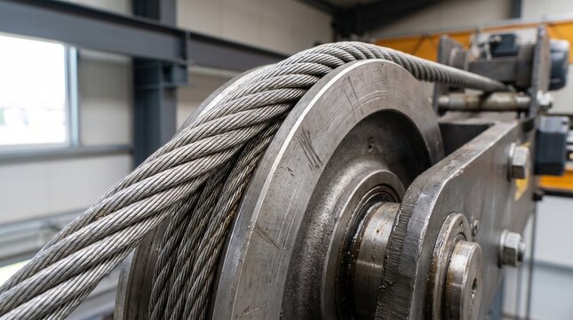 Steel Wire Rope Running Through Industrial Crane Pulley Sheave Close-Up for Engineering and Maintenance