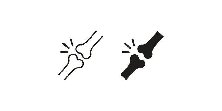 Bone joint injury icons in outline and solid black styles for orthopedics and medical diagnostics design.