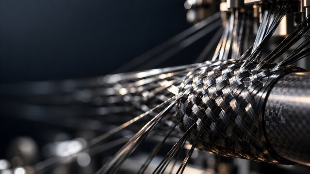Carbon fiber tow braiding onto cylindrical mandrel in manufacturing