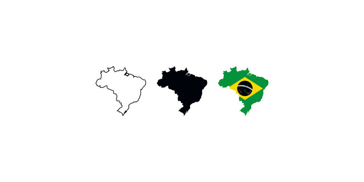 Brazil map silhouettes including outline solid black and national flag variations for geography projects.