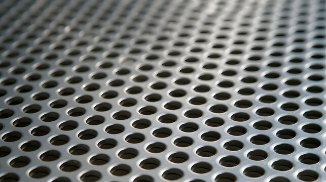 Perforated metal sheet features a grid pattern of circular holes with bright light reflecting off the stainless steel surface.