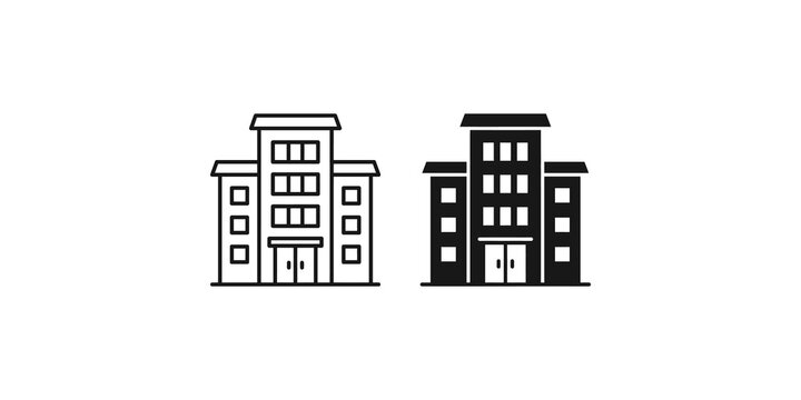 Office building icon set in black line and solid styles for corporate and real estate design.