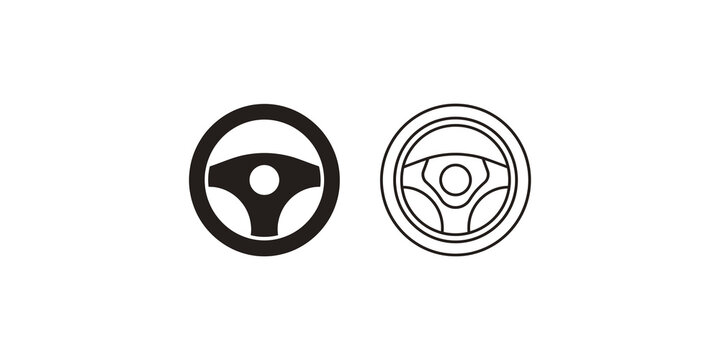 Car steering wheel icon set featuring solid and outlined styles for automotive interior components and driving training.