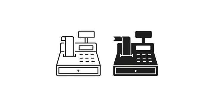 Cash register machine icons in solid and linear styles for retail point of sale and accounting software.