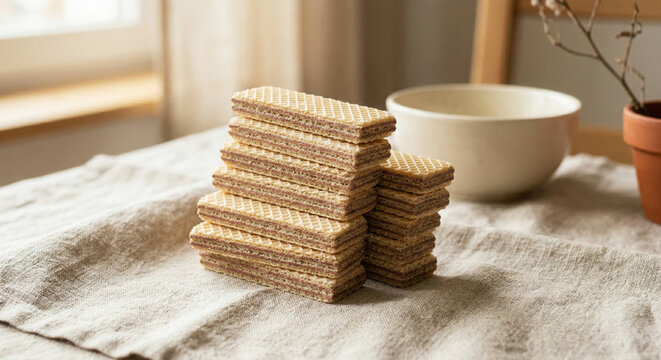 Wafer biscuits stacked in neat layers on wooden table in morning sunlight for sweet afternoon tea dessert snack