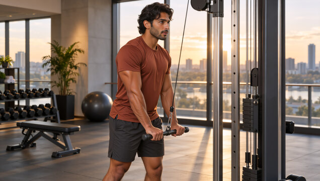 Muscular man performing tricep pushdown on cable machine. Athletic male training in modern gym at sunset. Strength workout concept