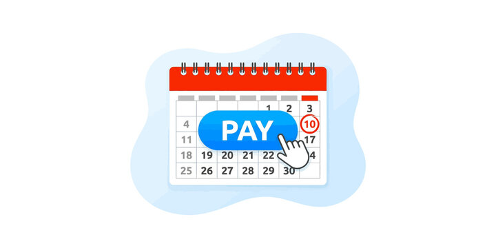 Red calendar with blue pay button and hand cursor for bill payment reminders.