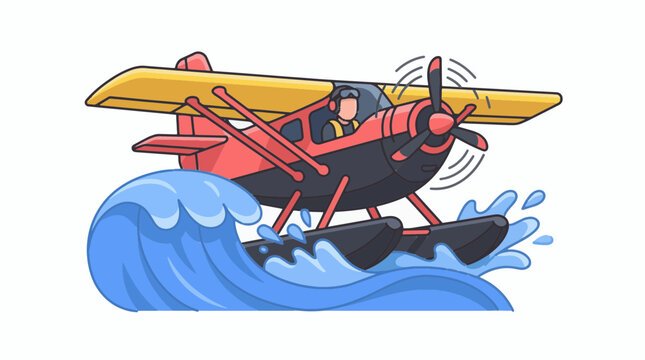 Transport seaplane landing on water waves flat vektor illustration