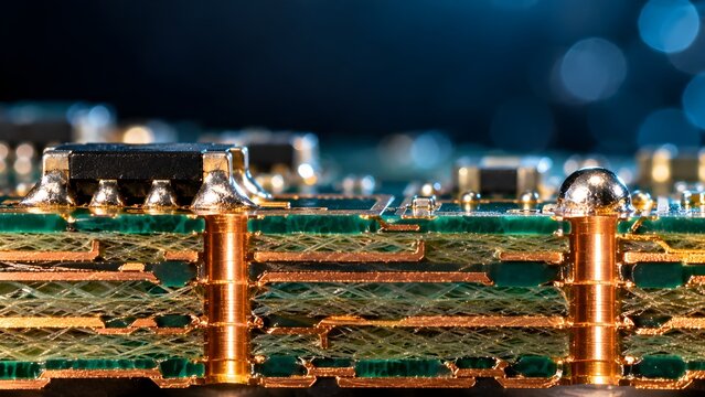 High density PCB cross section showing copper vias and solder ball
