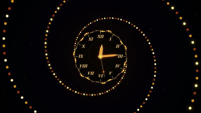Golden roman numeral clock face with glowing spiral particle tunnel background, time roman numerals