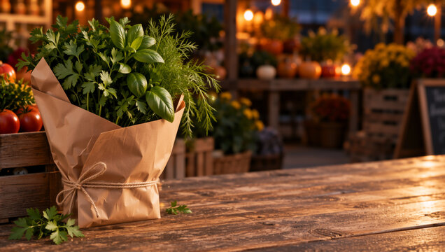 Fresh green herbs wrapped in brown paper on wooden table. Basil and parsley bouquet at autumn market