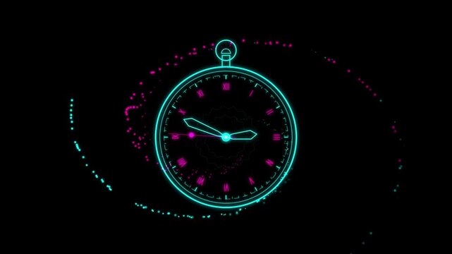 Neon glowing clock with abstract particle swirl motion background, time