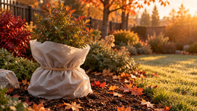 Garden plant wrapped in protective fabric for winter. Shrub protection from frost in autumn garden at sunset