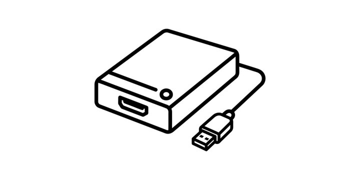 External hard drive with usb cable outline icon for data storage technology.