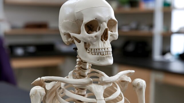 Close up of a human skeleton model showing skull  jaw  and upper torso with ribcage and shoulder bones in focus