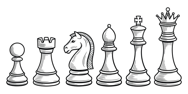 Chess figures hand drawn vector illustration featuring outline chess pieces for strategy, board games, competition, and recreation