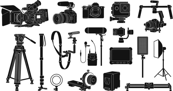 Professional filmmaking equipment and video production gear icons in a comprehensive black and white vector illustration set