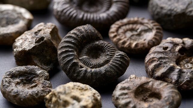 Close up of ancient spiral fossils with textured surfaces  arranged on a dark surface  showcasing geological history