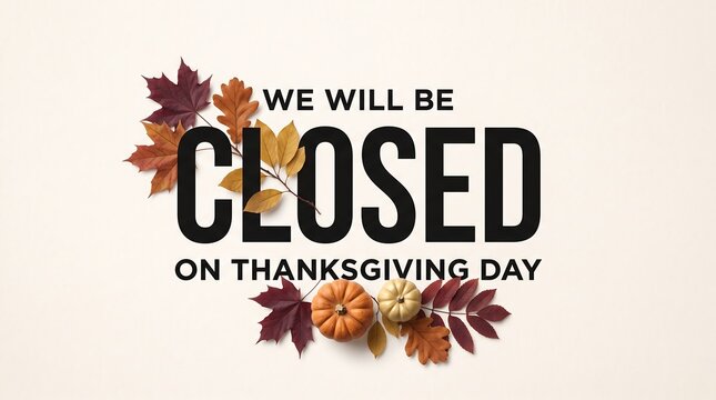 Closed sign for thanksgiving day announcement with autumn leaves