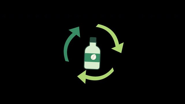 Eco friendly bottle rotating inside a green recycling arrow loop symbol on a black background representing circular economy and sustainability