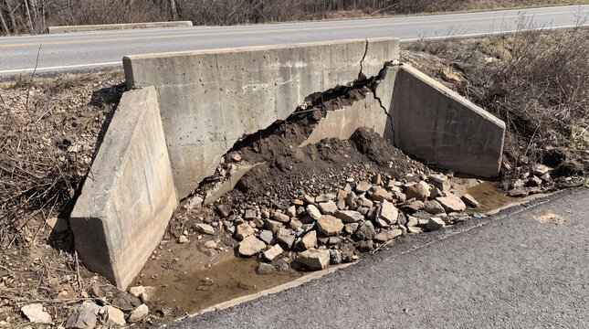 Concrete culvert wing wall cracking from structural failure and erosion beside asphalt road, showing damage