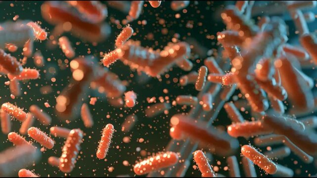 Small particles and microorganisms float and scatter in a fluid, showing interactions and changes over time in a lab environment.