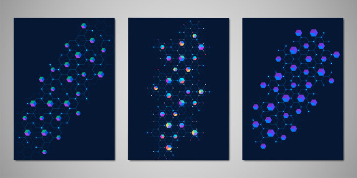 Futuristic hexagon network with glowing cubes dark technology background