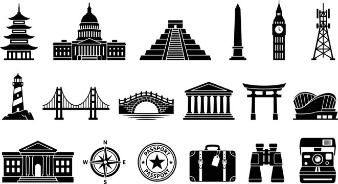 A comprehensive vector illustration set featuring iconic world landmarks and travel related symbols in black silhouette style