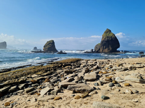 Sea Stacks and Rocky Coast at Papuma Beach, Jember, East Java, Indonesia