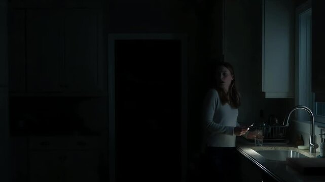 A terrified woman in a dark kitchen during a sudden power outage, using her mobile phone flashlight to illuminate the room while looking scared.